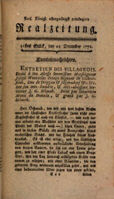 K.K. allerg. privil. Realzeitung der Wissenschaften und Künste Samstag 14. Dezember 1771