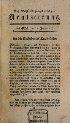 K.K. allerg. privil. Realzeitung der Wissenschaften und Künste Samstag 11. Januar 1772