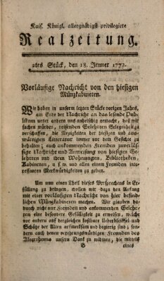 K.K. allerg. privil. Realzeitung der Wissenschaften und Künste Samstag 18. Januar 1772