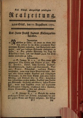 K.K. allerg. privil. Realzeitung der Wissenschaften und Künste Samstag 22. August 1772