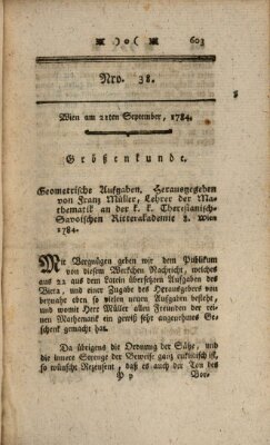 K.K. allerg. privil. Realzeitung der Wissenschaften und Künste Dienstag 21. September 1784