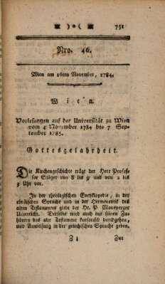 K.K. allerg. privil. Realzeitung der Wissenschaften und Künste Dienstag 16. November 1784