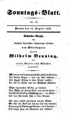 Kourier an der Donau. Sonntags-Blatt : der Unterhaltung gewidmet ; eine Zugabe zum Kourier an der Donau (Donau-Zeitung) Sonntag 19. August 1838