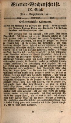 Die Wiener Wochenschrift Mittwoch 1. August 1781