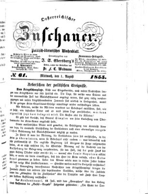 Österreichischer Zuschauer (Wiener Zuschauer) Mittwoch 1. August 1855