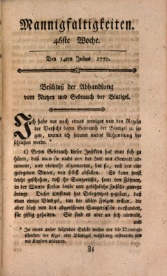 Mannigfaltigkeiten (Neueste Mannigfaltigkeiten) Samstag 14. Juli 1770