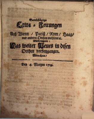 Mercurii Relation, oder wochentliche Ordinari Zeitungen von underschidlichen Orthen (Süddeutsche Presse) Samstag 4. März 1719