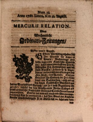 Mercurii Relation, oder wochentliche Ordinari Zeitungen von underschidlichen Orthen (Süddeutsche Presse) Samstag 31. August 1720