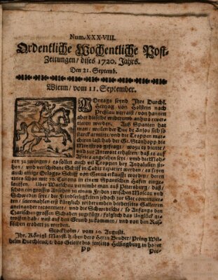 Ordentliche wochentliche Post-Zeitungen Samstag 21. September 1720