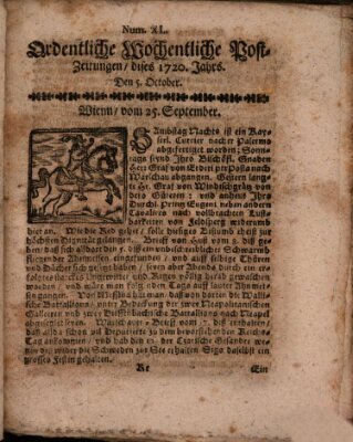 Ordentliche wochentliche Post-Zeitungen Samstag 5. Oktober 1720