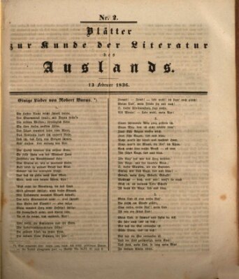 Blätter zur Kunde der Literatur des Auslands (Das Ausland) Samstag 13. Februar 1836