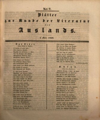 Blätter zur Kunde der Literatur des Auslands (Das Ausland) Mittwoch 2. März 1836