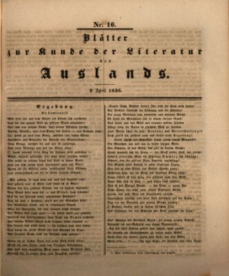 Blätter zur Kunde der Literatur des Auslands (Das Ausland) Samstag 9. April 1836