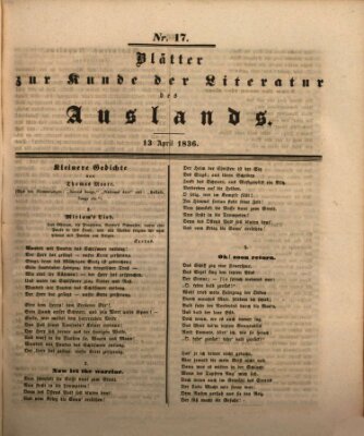 Blätter zur Kunde der Literatur des Auslands (Das Ausland) Mittwoch 13. April 1836