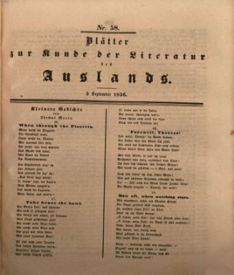 Blätter zur Kunde der Literatur des Auslands (Das Ausland) Samstag 3. September 1836