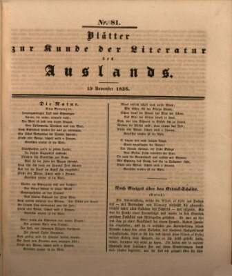 Blätter zur Kunde der Literatur des Auslands (Das Ausland) Samstag 19. November 1836