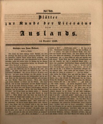 Blätter zur Kunde der Literatur des Auslands (Das Ausland) Mittwoch 14. Dezember 1836