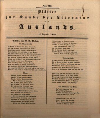 Blätter zur Kunde der Literatur des Auslands (Das Ausland) Dienstag 27. Dezember 1836
