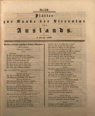 Blätter zur Kunde der Literatur des Auslands (Das Ausland) Dienstag 7. Februar 1837