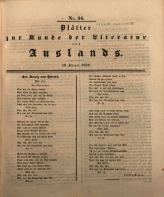 Blätter zur Kunde der Literatur des Auslands (Das Ausland) Samstag 18. Februar 1837