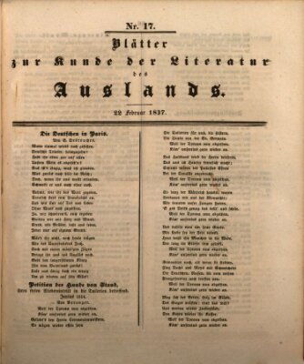 Blätter zur Kunde der Literatur des Auslands (Das Ausland) Mittwoch 22. Februar 1837