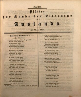 Blätter zur Kunde der Literatur des Auslands (Das Ausland) Samstag 25. Februar 1837