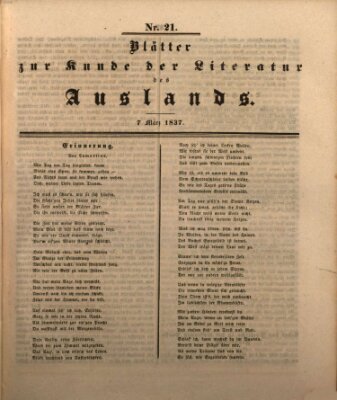 Blätter zur Kunde der Literatur des Auslands (Das Ausland) Dienstag 7. März 1837