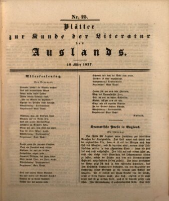 Blätter zur Kunde der Literatur des Auslands (Das Ausland) Samstag 18. März 1837