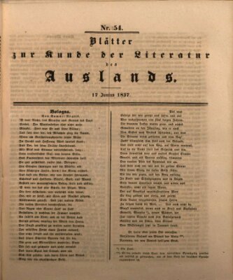 Blätter zur Kunde der Literatur des Auslands (Das Ausland) Samstag 17. Juni 1837