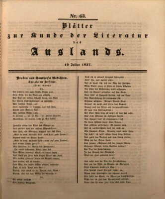 Blätter zur Kunde der Literatur des Auslands (Das Ausland) Mittwoch 19. Juli 1837