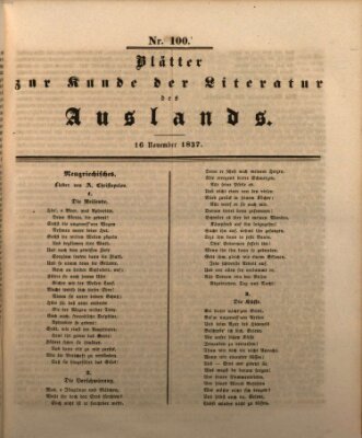 Blätter zur Kunde der Literatur des Auslands (Das Ausland) Donnerstag 16. November 1837