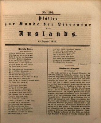 Blätter zur Kunde der Literatur des Auslands (Das Ausland) Mittwoch 13. Dezember 1837