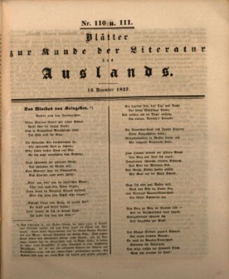 Blätter zur Kunde der Literatur des Auslands (Das Ausland) Samstag 16. Dezember 1837