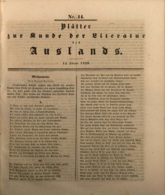 Blätter zur Kunde der Literatur des Auslands (Das Ausland) Mittwoch 14. Februar 1838