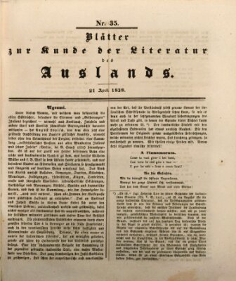 Blätter zur Kunde der Literatur des Auslands (Das Ausland) Samstag 21. April 1838