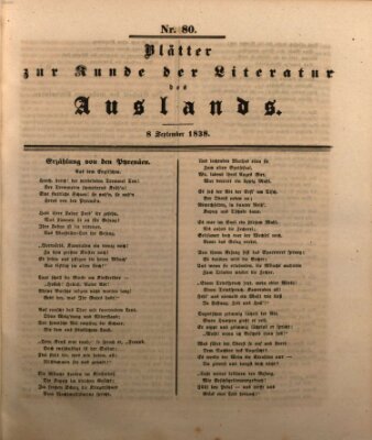 Blätter zur Kunde der Literatur des Auslands (Das Ausland) Samstag 8. September 1838