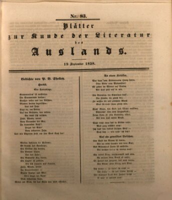 Blätter zur Kunde der Literatur des Auslands (Das Ausland) Mittwoch 19. September 1838