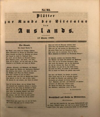 Blätter zur Kunde der Literatur des Auslands (Das Ausland) Mittwoch 17. Oktober 1838