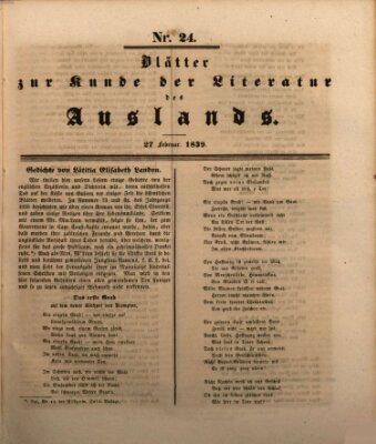 Blätter zur Kunde der Literatur des Auslands (Das Ausland) Mittwoch 27. Februar 1839