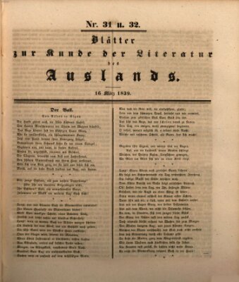 Blätter zur Kunde der Literatur des Auslands (Das Ausland) Samstag 16. März 1839