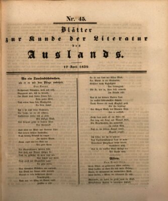 Blätter zur Kunde der Literatur des Auslands (Das Ausland) Mittwoch 17. April 1839