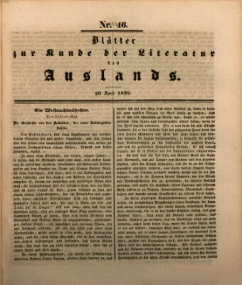 Blätter zur Kunde der Literatur des Auslands (Das Ausland) Samstag 20. April 1839