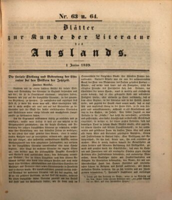 Blätter zur Kunde der Literatur des Auslands (Das Ausland) Samstag 1. Juni 1839