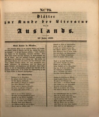 Blätter zur Kunde der Literatur des Auslands (Das Ausland) Samstag 29. Juni 1839