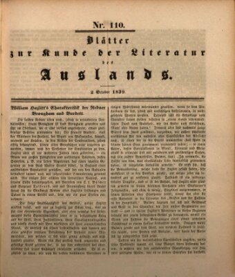 Blätter zur Kunde der Literatur des Auslands (Das Ausland) Mittwoch 2. Oktober 1839