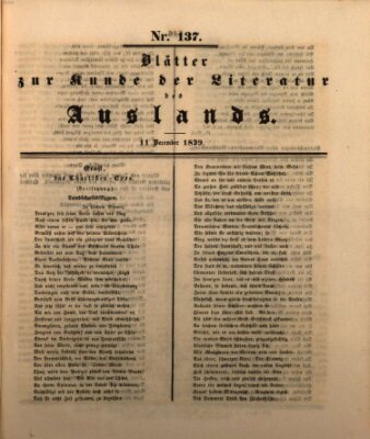 Blätter zur Kunde der Literatur des Auslands (Das Ausland) Mittwoch 11. Dezember 1839