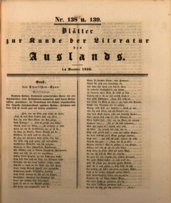 Blätter zur Kunde der Literatur des Auslands (Das Ausland) Samstag 14. Dezember 1839