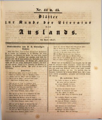 Blätter zur Kunde der Literatur des Auslands (Das Ausland) Donnerstag 16. April 1840