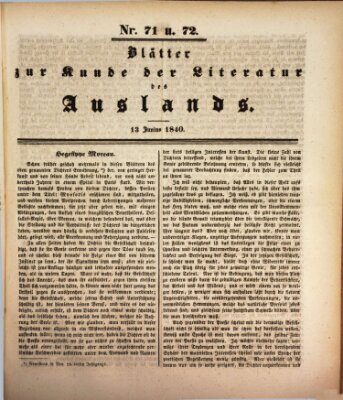 Blätter zur Kunde der Literatur des Auslands (Das Ausland) Samstag 13. Juni 1840