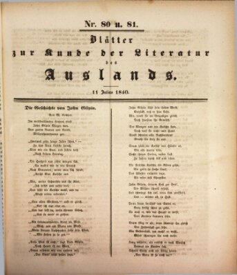 Blätter zur Kunde der Literatur des Auslands (Das Ausland) Samstag 11. Juli 1840